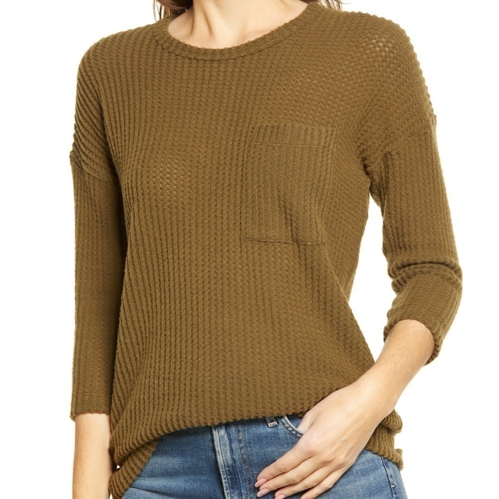 NEW BOBEAU Bobeau Waffle Knit Thermal Pocket Tunic Size XS 3/4 Sleeve Dark Olive